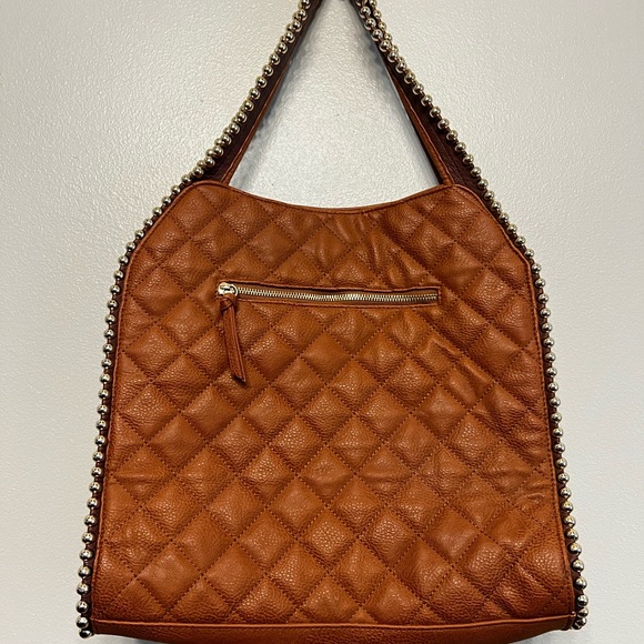 Big Buddha Large Quilted Tan Shoulder Bag Gold Beads Striped Interior Lining - Picture 5 of 7